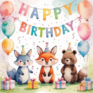 8 clipart de feliz aniversário em JPG, decoração natural, clipart de aquarela para impressão, arte para impressão, download digital, artesanato em papel, diário, convite