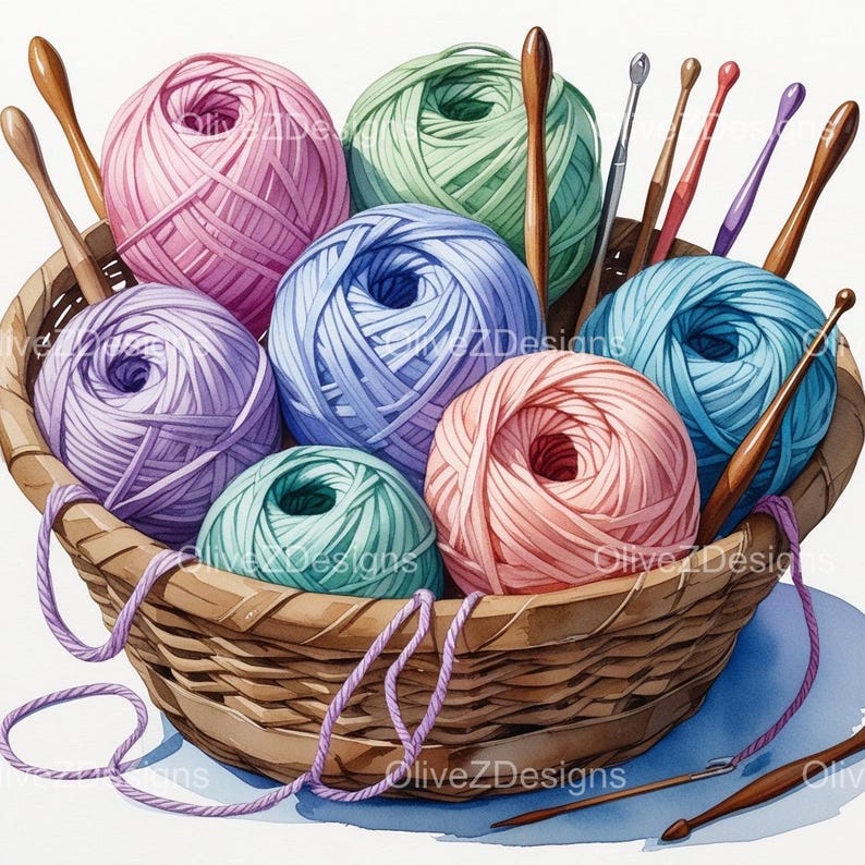 Watercolor Knitting Basket Clipart: Yarn Pngs (digital Download) - Etsy