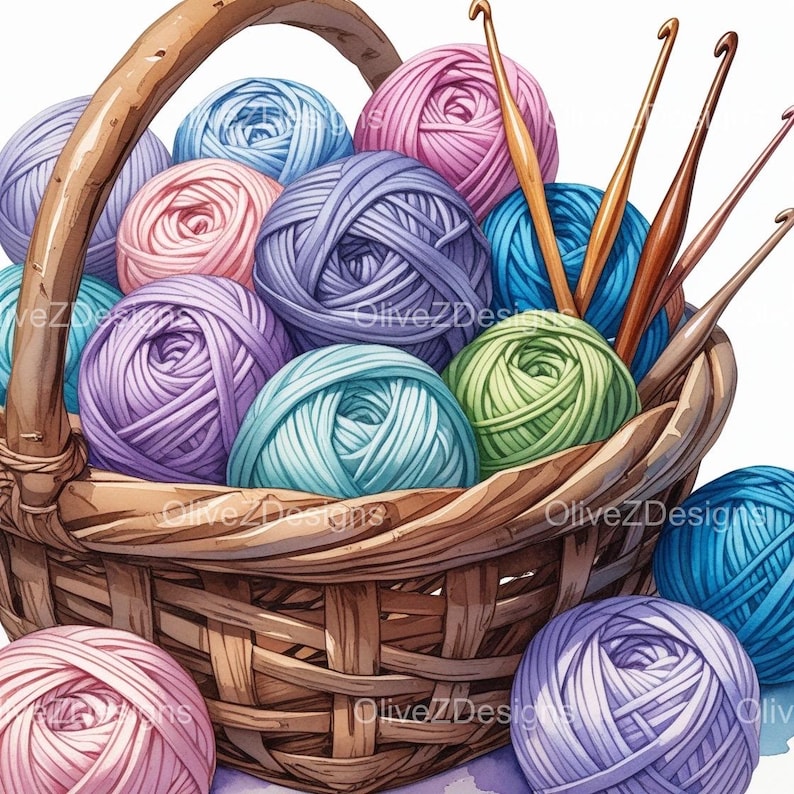 Watercolor Knitting Basket Clipart: Yarn Pngs (digital Download) - Etsy
