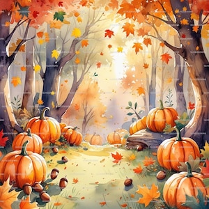 May include: Watercolor painting of a fall scene with pumpkins, acorns, and falling leaves. The pumpkins are orange and round, scattered among fallen leaves in shades of red, orange, and yellow. The background features trees and a soft, sunlit forest path.