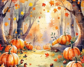 Whimsical Fall Pumpkins Clipart Set – 11 PNG Files, Autumn Leaves, Acorns, Watercolor