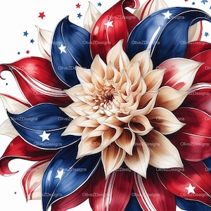 Patriottische dahlia-clipart | Rood-witte en blauwe aquarelbloem, png | 4 juli Sublimatiekunst | Digitale download voor Independence Day