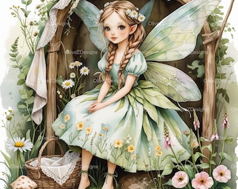 May include: Watercolor illustration of a fairy with blonde braids, wearing a light blue dress adorned with yellow flowers and green leaf accents. She has large, translucent wings and sits in a wooden archway surrounded by flowers and mushrooms.