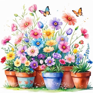 Könnte beinhalten: Aquarellillustration eines lebendigen Blumengartens in Terrakotta- und blauen Töpfen. Der Garten zeigt eine Vielzahl farbenfroher Blumen, darunter rosa, lila, gelbe und blaue Blüten, mit flatternden Schmetterlingen.