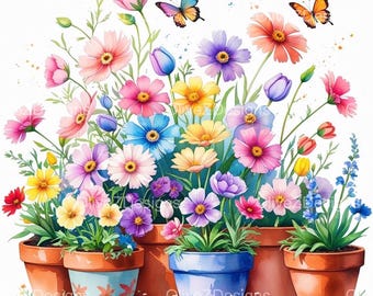 Puede incluir: Ilustración en acuarela de un vibrante jardín de flores en macetas de terracota y azules. El jardín presenta una variedad de flores coloridas, incluyendo flores rosas, moradas, amarillas y azules, con mariposas revoloteando.