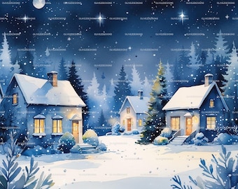 May include: Watercolor painting of a snowy winter scene with houses and trees. The houses have lit windows, and the sky is filled with stars and a full moon. The overall color palette is blue and white.