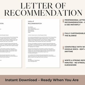 Editable Letter of Recommendation Template |Professional Referral Letter  | Job or School letter of recommendation template