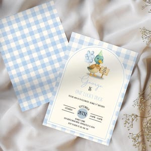 Mallard Duck Birthday Invitation: Watercolor First Birthday, Blue Gingham (Editable Canva Template, Digital Download