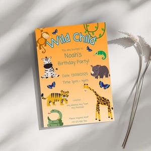 Modelo editável de convite de aniversário Wild One Safari | Convite para festa na selva Wild Child | Tema de animais Safari para impressão | Download instantâneo