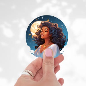 Vinylstickerset Celestial Goddess – Mystieke maanvrouwen met natuurlijke krullen | Etherische afrogodinkunst | Spiritueel esthetisch stickerpakket