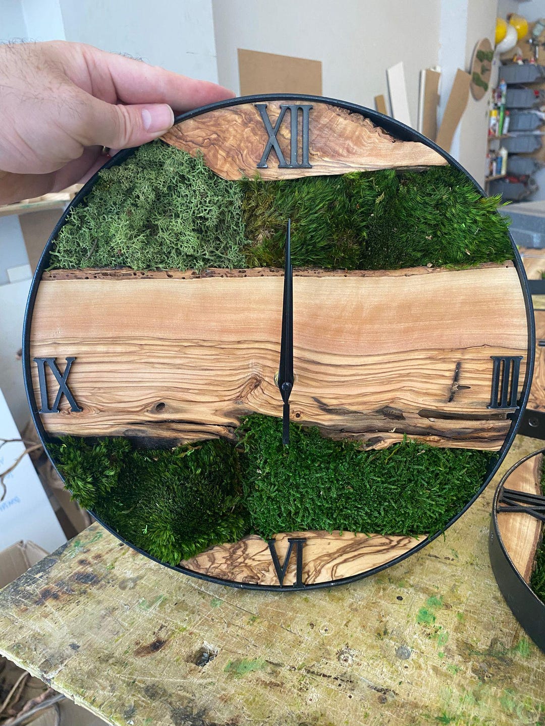Olive Wood Moss Wall Clock – Natural Live Edge Home Decor, Modern ...