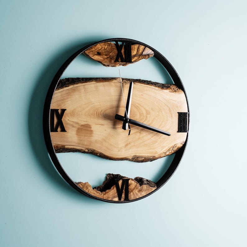 Handmade Olive Wood Clock with Metal Frame, Live Edge Wall Clock, Rustic Wall Decor, Wall Hangings, Anniversary Gifts, Housewarming Gifts