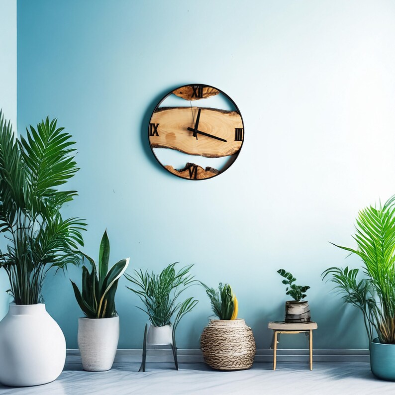 Handmade Olive Wood Clock with Metal Frame, Live Edge Wall Clock, Rustic Wall Decor, Wall Hangings, Anniversary Gifts, Housewarming Gifts