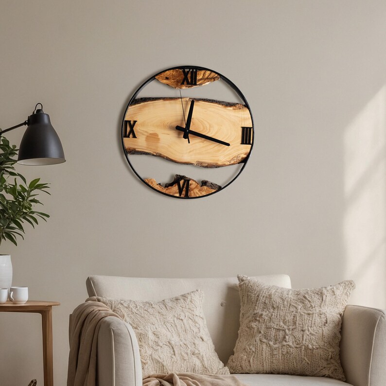 Handmade Olive Wood Clock with Metal Frame, Live Edge Wall Clock, Rustic Wall Decor, Wall Hangings, Anniversary Gifts, Housewarming Gifts