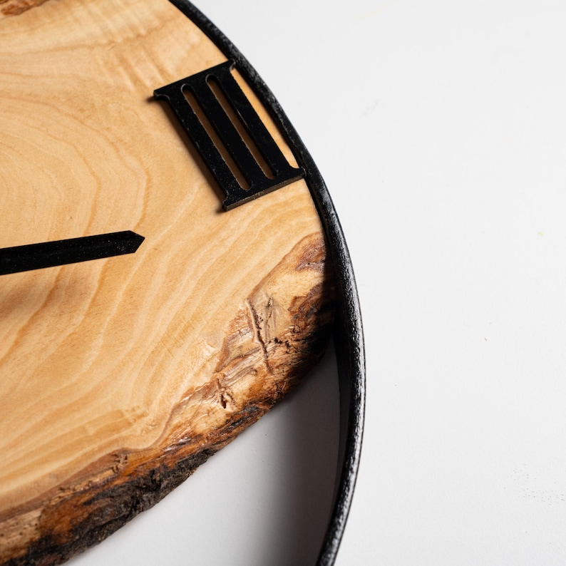 Handmade Olive Wood Clock with Metal Frame, Live Edge Wall Clock, Rustic Wall Decor, Wall Hangings, Anniversary Gifts, Housewarming Gifts