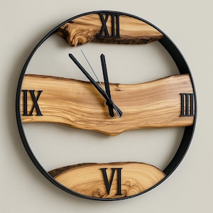 May include: A circular wall clock with a black metal frame. The clock face incorporates natural wood sections, Roman numerals, and black clock hands. The wood has a light brown hue and visible grain.