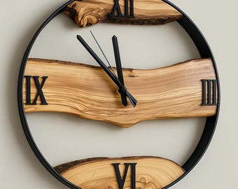 Wanduhr aus Olivenholz mit Metallrahmen - runde rustikale Wanduhr | Handgemachte moderne Wanddekoration, minimalistische römische Ziffernuhr