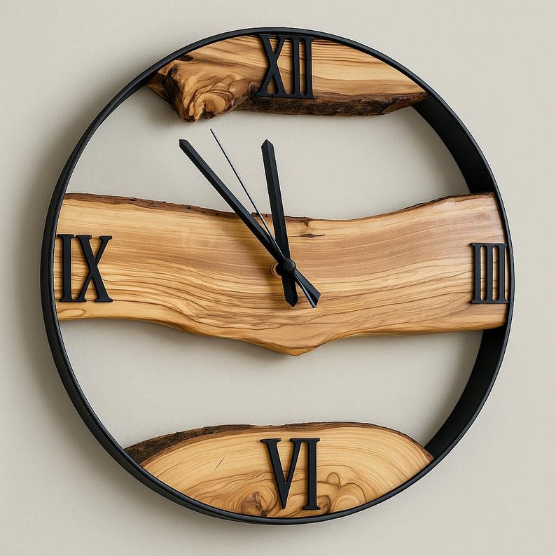 Large Wall Clock With Metal Frame, Live Edge Olive Wood, Rustic Home ...
