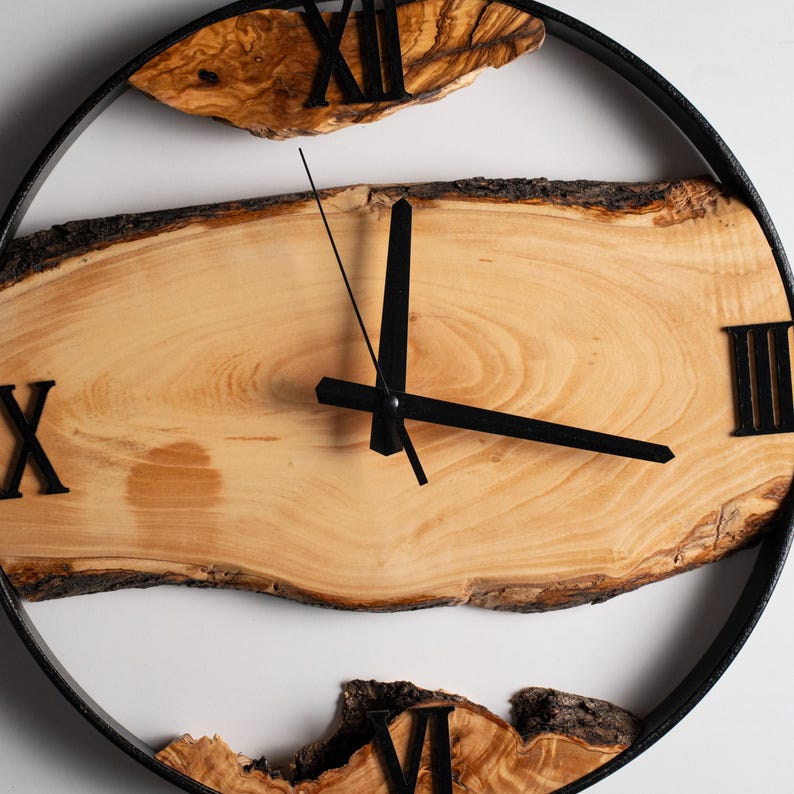 Handmade Olive Wood Clock with Metal Frame, Live Edge Wall Clock, Rustic Wall Decor, Wall Hangings, Anniversary Gifts, Housewarming Gifts