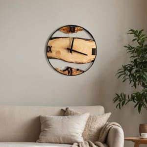 Handmade Olive Wood Clock with Metal Frame, Live Edge Wall Clock, Rustic Wall Decor, Wall Hangings, Anniversary Gifts, Housewarming Gifts
