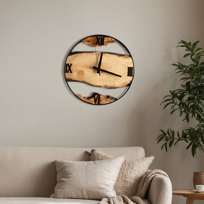 Handmade Olive Wood Clock with Metal Frame, Live Edge Wall Clock, Rustic Wall Decor, Wall Hangings, Anniversary Gifts, Housewarming Gifts