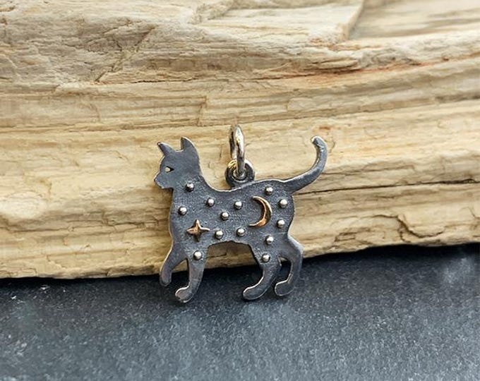 Sterling Silver Cat Charm with Bronze Star and Moon 17x16mm