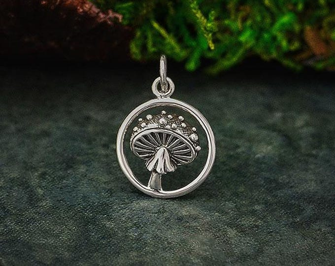 Sterling Silver Agaric Mushroom Charm in Circle 18x13mm