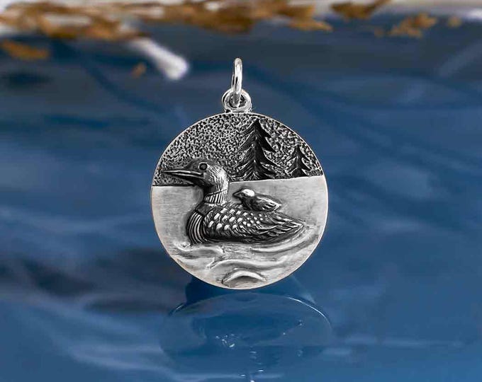 Sterling Silver Loon with Baby Pendant 24x18mm