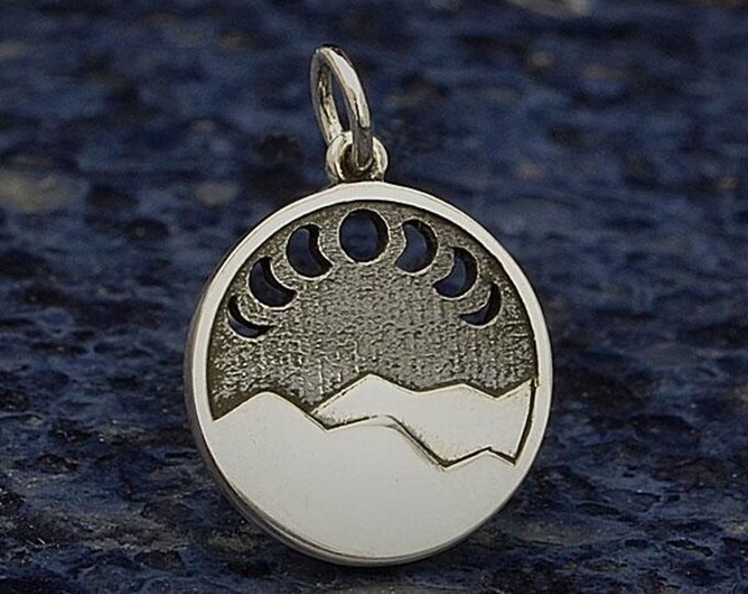 Sterling Silver Mountain Charm w Moon Phase Cutouts 20x14mm