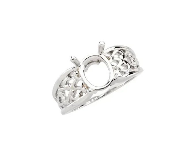 Filigree Ring Mounting, oval 10x8 prong mounting in Sterling Silver, or 14k Gold, rose gold, or white gold,