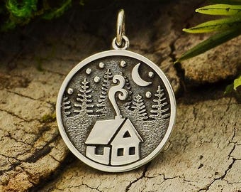 Sterling Silver Cabin Charm with Trees and Moon 21x15mm