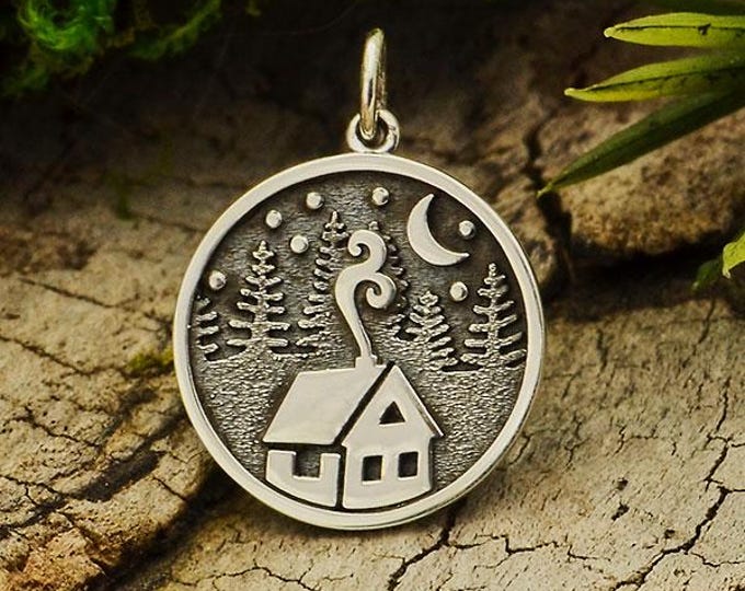 Sterling Silver Cabin Charm with Trees and Moon 21x15mm
