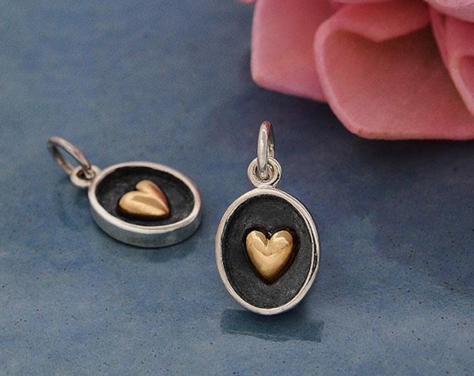 Sterling Silver Shadow Box Charm with Bronze Heart 16x8mm