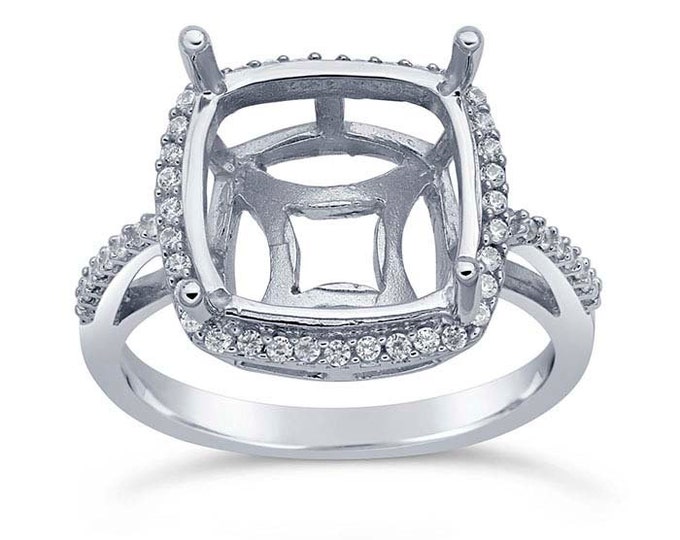 Sterling Silver 12mm Cushion Semi-Mount Halo Engagement Ring Mountings