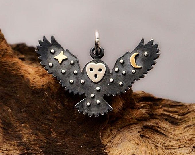 Sterling Silver Owl Charm with Bronze Star and Moon 18x25mm