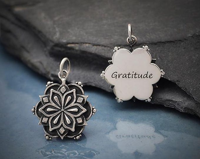 Sterling Silver Affirmation Mandala Charm -Gratitude 21x17mm