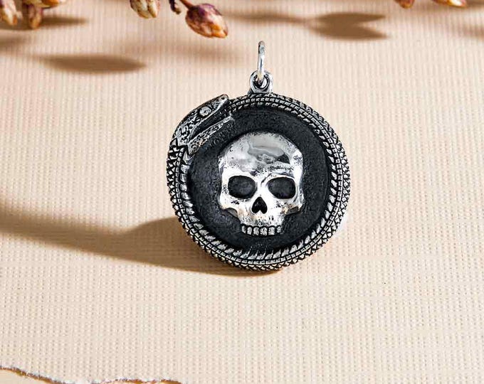 Sterling Silver Ouroboros Snake with Skull Pendant 27x21mm