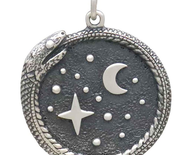 Sterling Silver Ouroboros with Moon and Stars 27x21mm