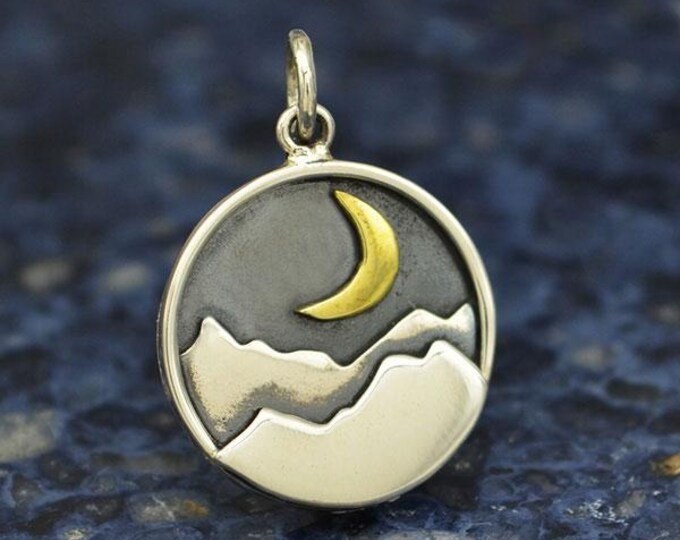 Sterling Silver Mountain Charm with Bronze Crescent 21x15mm