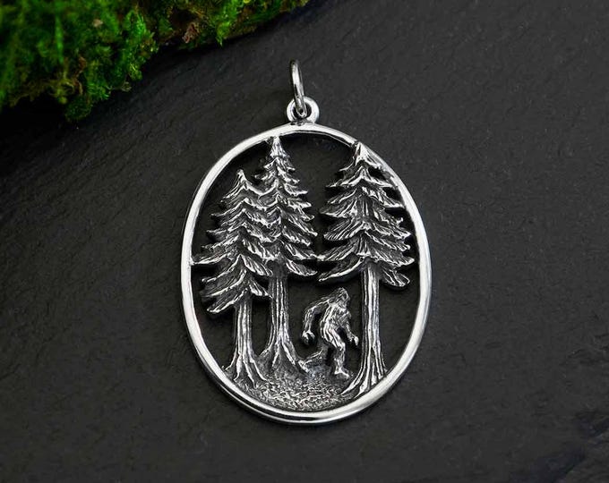 Sterling Silver Bigfoot in the Forest Pendant 33x22mm