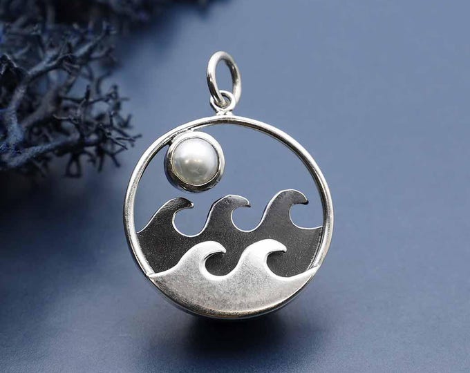 Sterling Silver Ocean Pendant with Pearl Moon 24x18mm