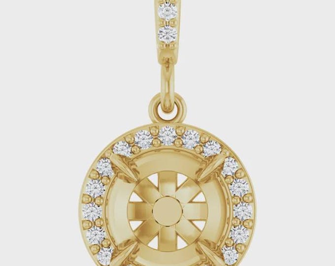 14K Gold Diamond Halo Pendant Mounting - 6.5mm Stone Setting