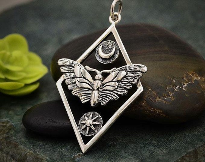 Silver Geometric Moth Charm with Sun and Moon 35x21mm