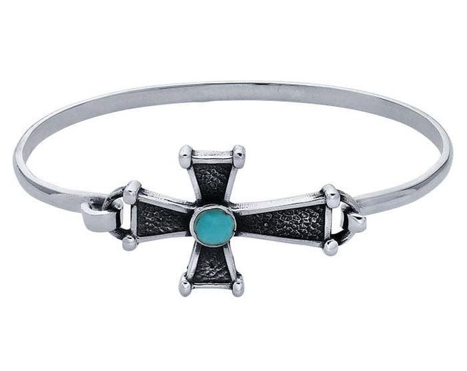Sterling Silver Imitation Turquoise-Set Cross Bangle Bracelet