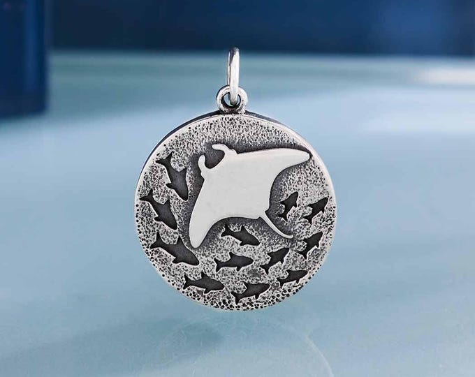 Sterling Silver Manta Ray and Fish Charm 24x18mm