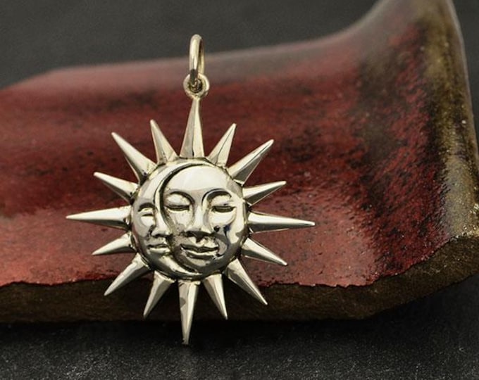 Sterling Silver Moon and Sun Pendant with Faces 28x23mm