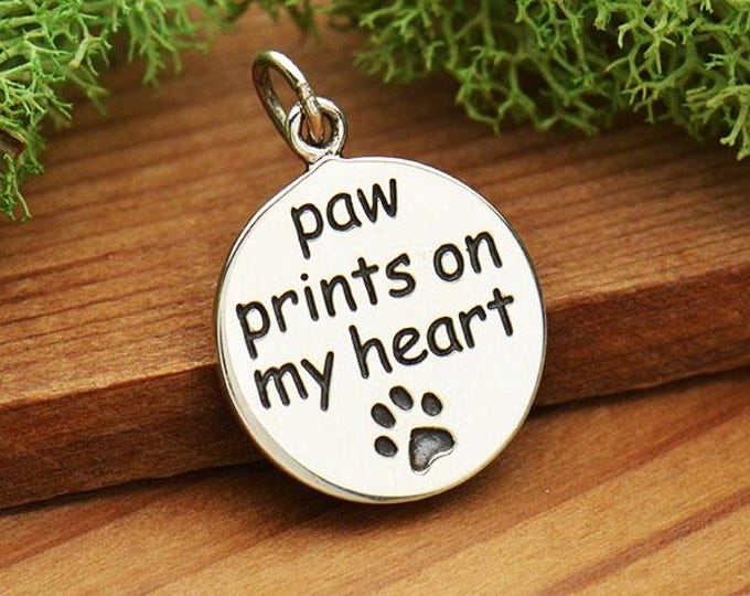 Silver Message Pendant - Paw Prints on my Heart 22x15mm