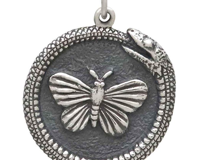 Sterling Silver Ouroboros Snake w Butterfly Pendant