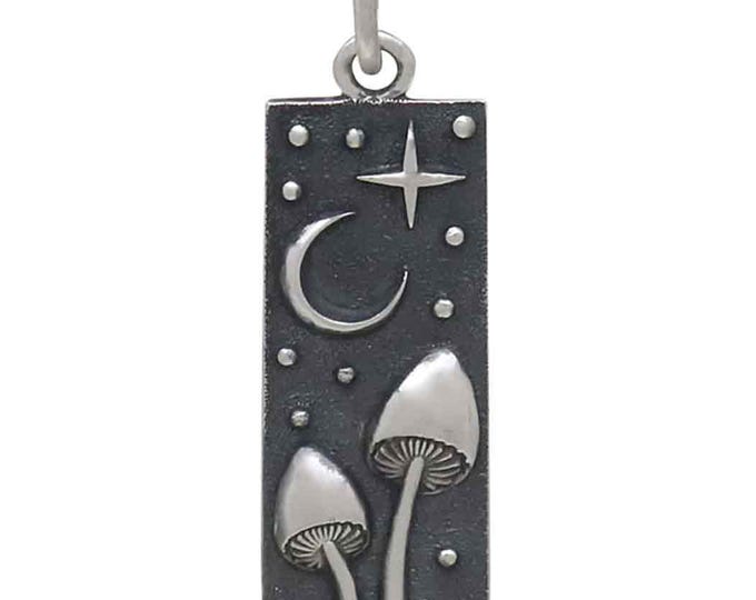 Sterling Silver Rectangle Mushrooms and Moon Charm 26x8mm