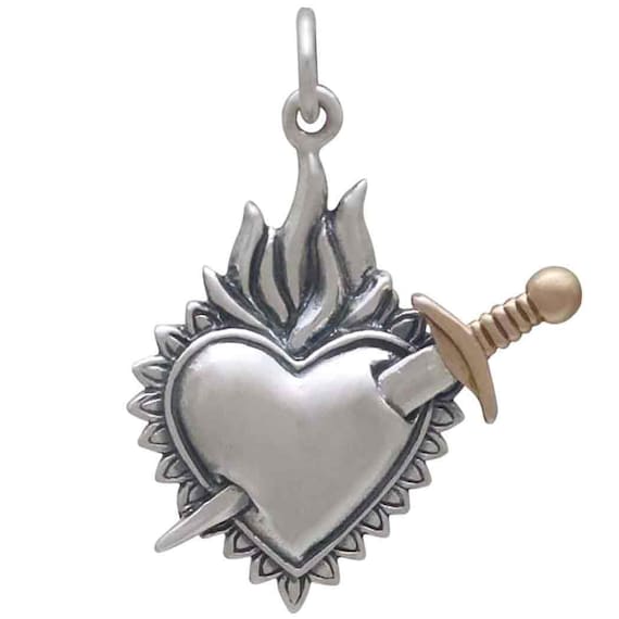 Flaming Heart Pendant With Sword 26x20mm, Sterling Silver - Etsy